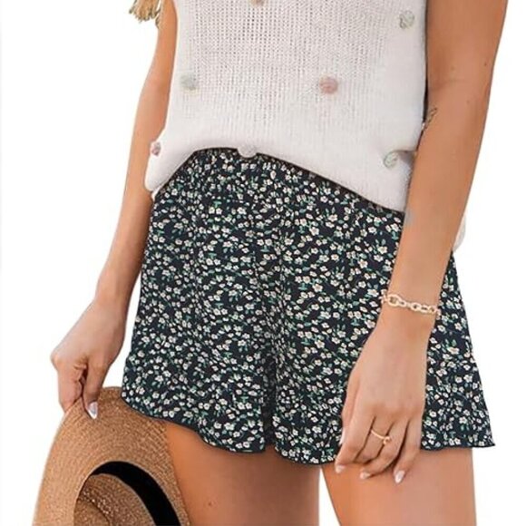 NWT - NIMIN High Waisted Smocked Casual Ruffled Floral Print Shorts with Pockets - Picture 2 of 9